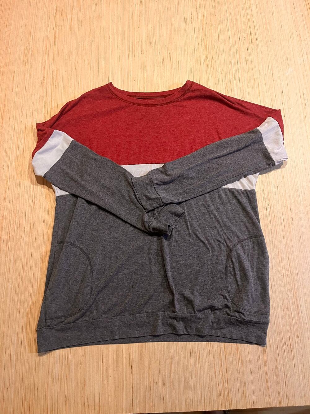 Colorblock Oversized Tunic Pullover Pocket Top Red Gray XL